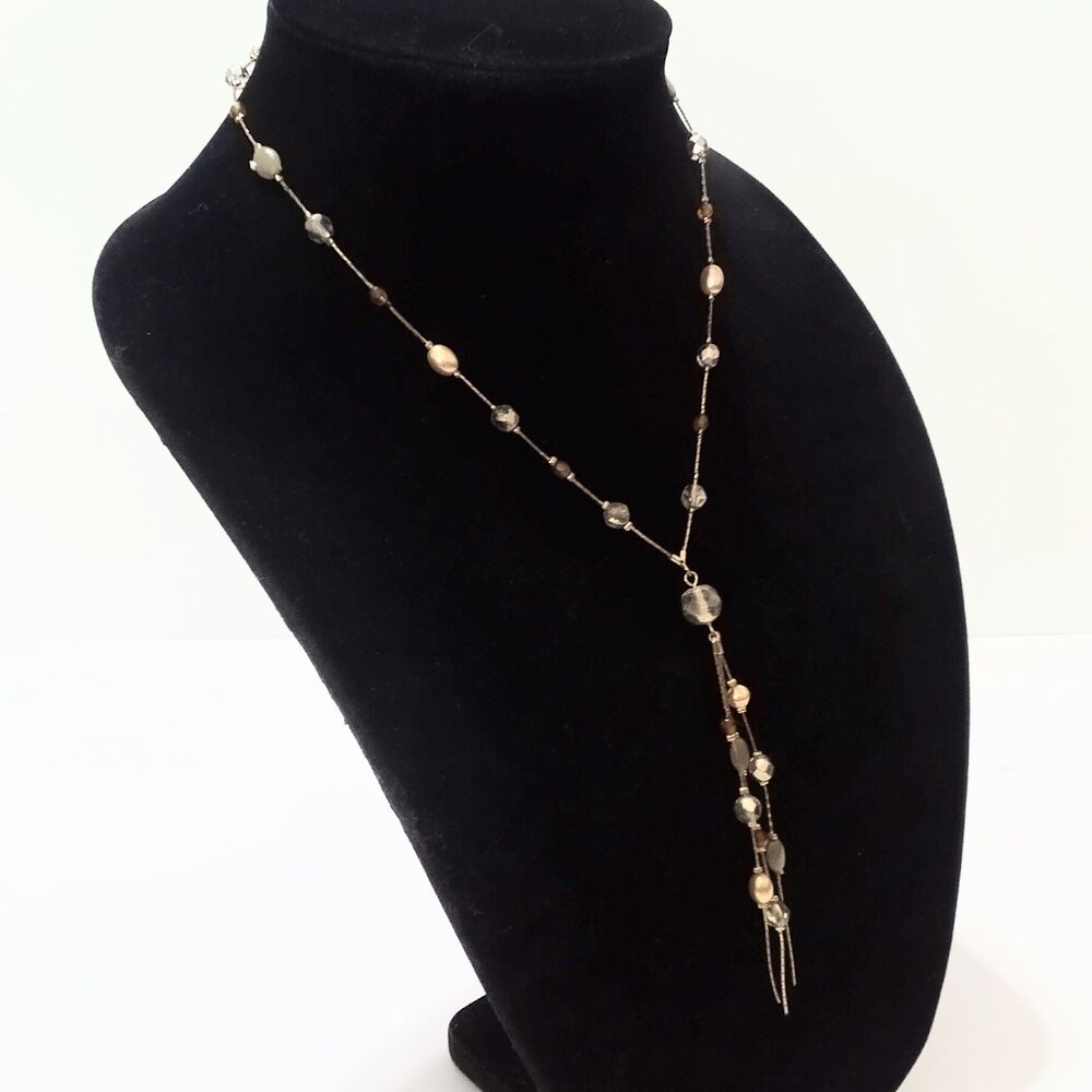 Gold Tone Earth Tone Bead Y Drop Tassel Necklace Faux Pearls - Picture 6 of 8